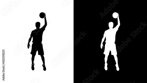 A male basketball player leaps high, powerfully shooting the ball against a stark, contrasting background, conveying intensity and focus.
