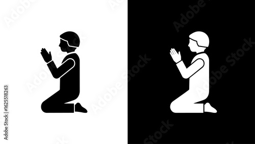 A man kneels in prayer, hands raised in supplication, conveying a mood of serenity and devotion.
