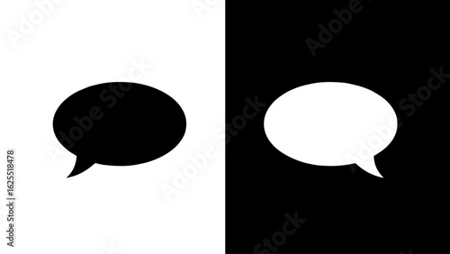 Two contrasting speech bubbles, one black and one white, symbolize communication and duality against a stark black and white background.