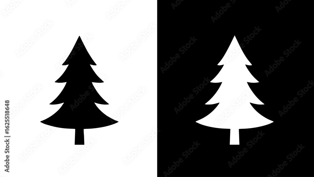 Obraz premium A stylized evergreen tree stands tall, split between stark black and white backgrounds, symbolizing duality and contrast.