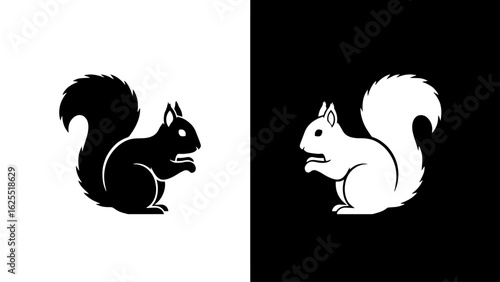 A black and white illustration of a squirrel sitting, showcasing a contrasting duality concept.