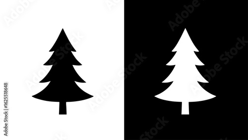 A stylized evergreen tree stands tall, split between stark black and white backgrounds, symbolizing duality and contrast.