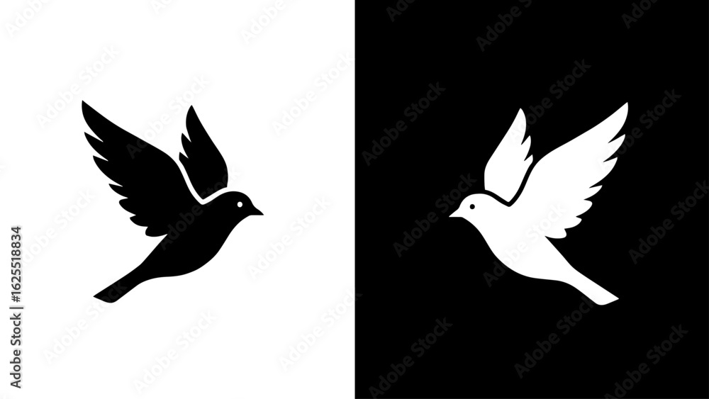 Fototapeta premium A black and white dove soars gracefully through the air, symbolizing peace and hope against a contrasting background.