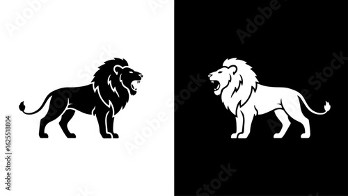 Two majestic lions, one black and one white, roar in profile against a contrasting background, symbolizing duality and power.
