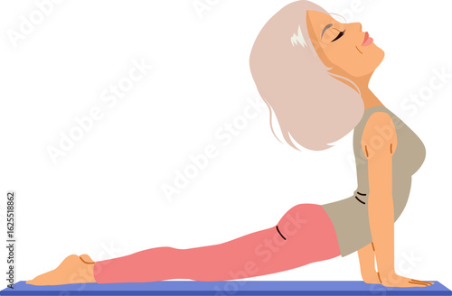 Cartoon vector illustration of an elderly woman doing yoga pose trying to stay healthy. Clip art for wellness, health, fitness, senior lifestyle and active aging content