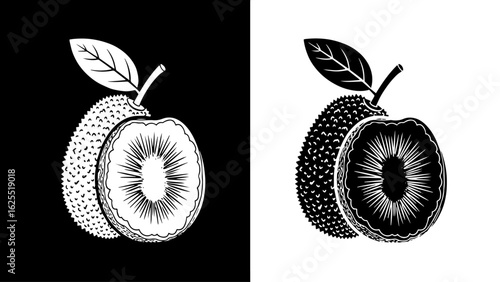 A halved kiwi fruit rests beside a whole spiky jackfruit, both depicted in a stark black and white illustration, creating a striking contrast.