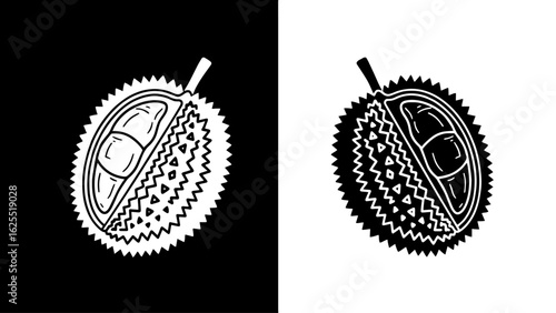A vibrant durian fruit, partially opened revealing its creamy flesh, is presented against a stark black and white background, creating a striking visual contrast.
