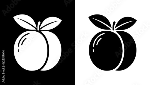 A ripe plum with vibrant green leaves sits against a stark black and white background, conveying a sense of simplicity and contrast.