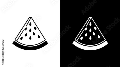 A juicy slice of watermelon, bursting with seeds, rests against a stark black and white background, evoking a feeling of refreshing summer coolness.