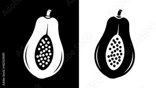 A halved papaya reveals its ripe, black seeds against a stark black and white background, symbolizing duality and tropical freshness.