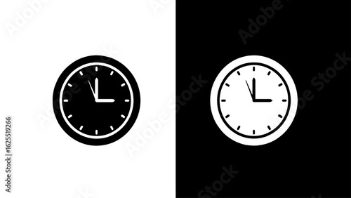 A simple black and white analog clock displays the time against contrasting backgrounds, symbolizing the duality of time and its passage.