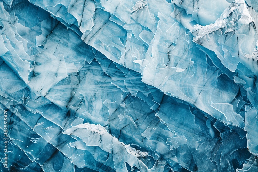 Fototapeta premium Glacier wall texture background, blue ice layers and cracks, natural frozen pattern, cold dramatic look.