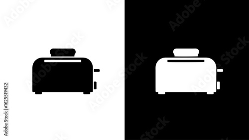 A sleek, black toaster sits on a minimalist white and black background, ready to toast bread, conveying a feeling of simple kitchen efficiency.
