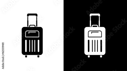 A black and white illustration of a wheeled suitcase, ready for travel, symbolizes adventure and wanderlust.