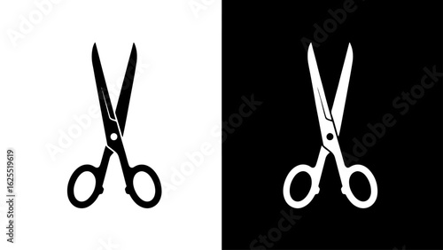 A pair of sharp scissors rests on a contrasting black and white background, symbolizing precision and duality.