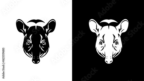 A majestic tapir's head, intensely gazing forward, set against a stark black and white background, conveying power and mystery.