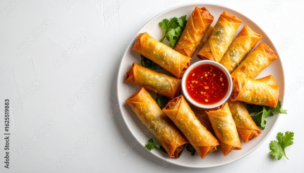 Delicious spring rolls served with a side of dipping sauce. Delicious spring rolls served with a side of dipping sauce.