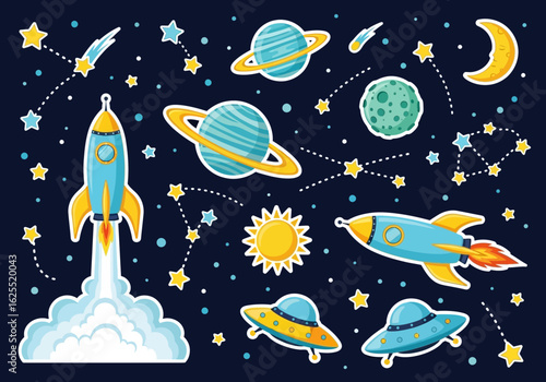 Colorful cartoon illustration of space elements including rockets, planets, stars, constellations, UFOs, moon, and sun on a dark blue background.