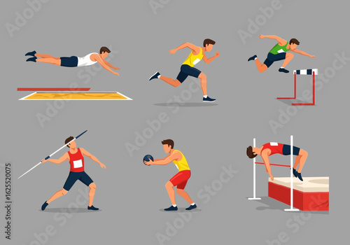 Collection of vector illustrations depicting athletes performing various track and field events, including long jump, running, hurdles, javelin, shot put, and high jump.