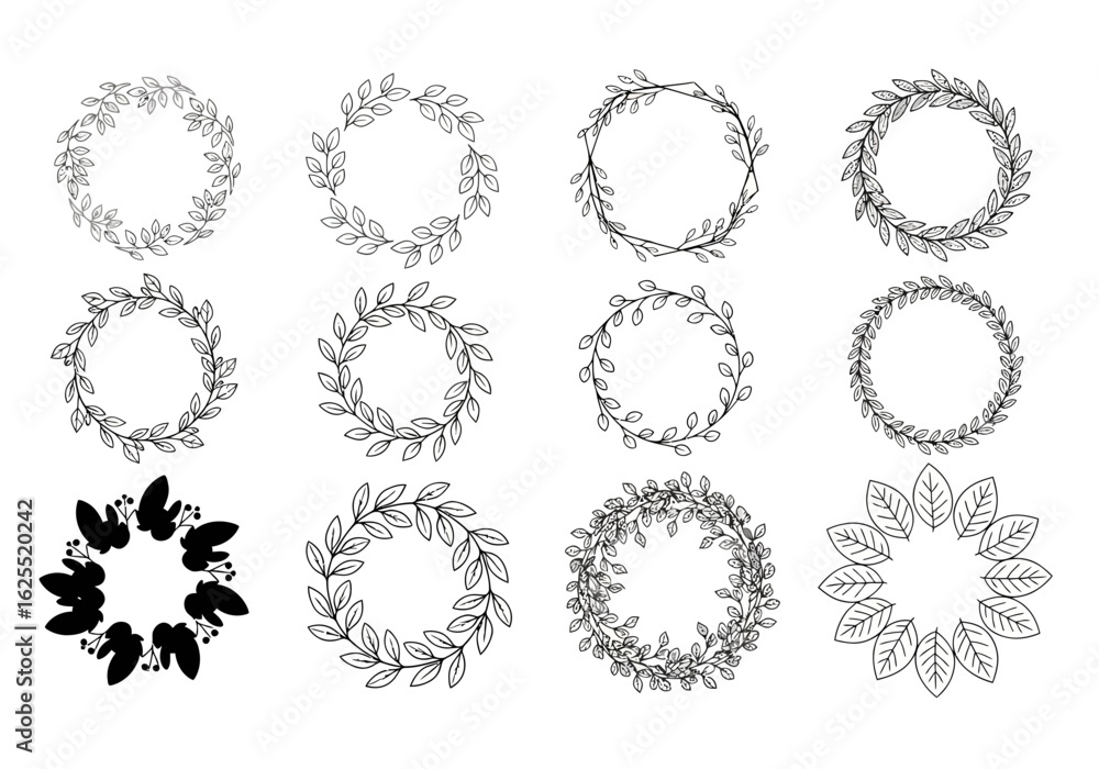 A collection of twelve circular wreaths, each formed from stylized leaves and branches, displayed against a white background. A collection of twelve circular wreaths, each formed from stylized leaves and branches, displayed against a white background.
