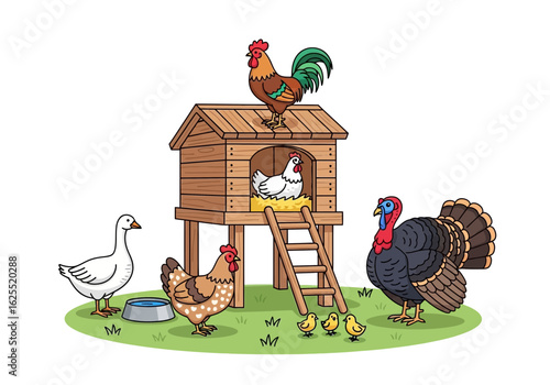 Illustration of various farm birds including a rooster, chicken, turkey, goose, and chicks around a wooden chicken coop on a grassy patch.