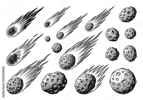 Hand-drawn illustration of various meteorites and asteroids, some with fiery trails, in a detailed, vintage style.