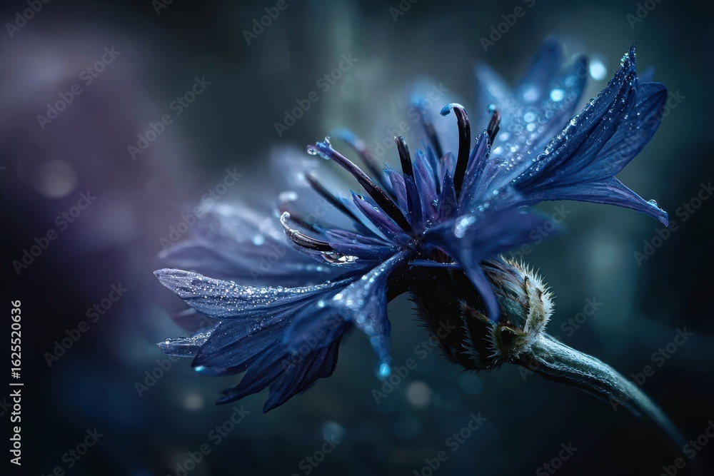 Obraz premium Stunning Deep Blue Flower with Dew Drops