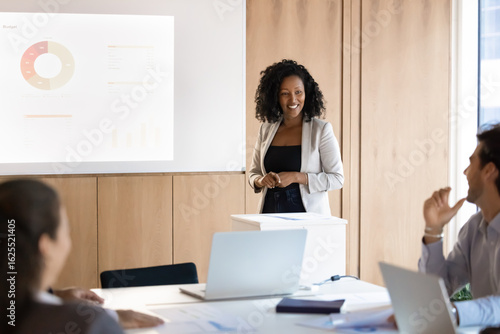 Smiling young woman business coach mentor interact with diverse audience on pitch deck presentation training session ask answer questions standing near digital whiteboard involve group in conversation