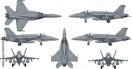 Military fighter jet technical illustration, multiple view angles of modern combat aircraft, detailed aviation blueprint for design and engineering, cad drawing flat vector illustration