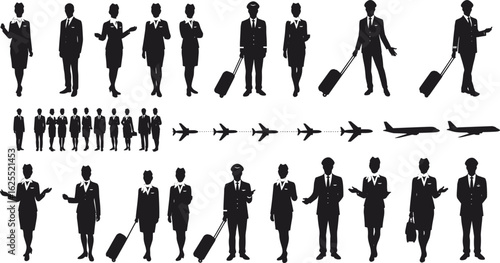 Business people silhouettes, professional man woman, airline crew uniform, airport travel luggage, pilot flight attendant, corporate team meeting, business teamwork, cad  flat vector illustration