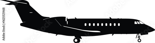 Private jet airplane silhouette, business aircraft side view, luxury travel plane, corporate jet aviation, air transport vehicle, flying airplane, cad drawing flat vector illustration