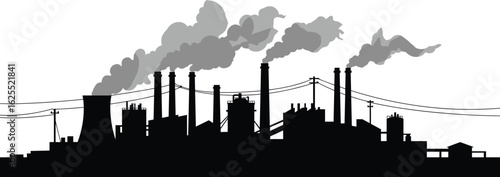 Industrial Factory Silhouette with Smoke Emissions, Power Plant with Chimneys and Pollution, Energy Production Scene, Air Pollution Illustration, CAD Drawing Flat Vector Illustration