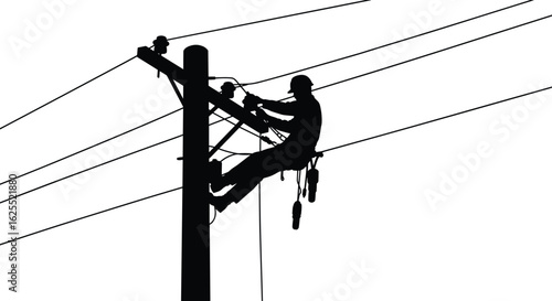 Silhouette of Lineman Working on Electric Pole, Electrical Maintenance Worker Climbing Utility Post with Safety Gear, Power Line Technician, CAD Drawing Flat Vector Illustration