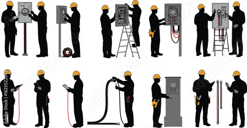 Electricians working on meter boxes, installing cables, inspecting electric panels, black and color silhouette vector, tool belt workers in action, cad drawing flat vector illustration
