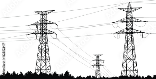 Silhouette of high voltage power transmission towers, electrical pylons, steel lattice towers, overhead power lines, energy infrastructure, landscape, forest silhouette, black vector, cad drawing .