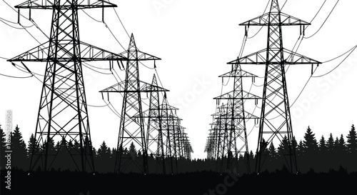 High voltage power lines, electrical transmission towers, energy distribution, electric grid infrastructure, utility poles, industrial energy network, forest landscape, black silhouette vector 
