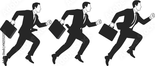 Businessman running with briefcase, urgency in office work, deadline rush, flat vector silhouette, career race, stress, corporate life, time pressure, success, ambition, motion, hurry