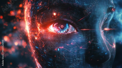 Closeup abstract digital art of an eye.  Red and blue color scheme.  Concept of technology and humanity.