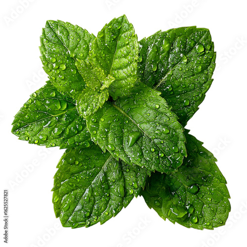 Fresh mint leaves with water droplets isolated on transparent background 