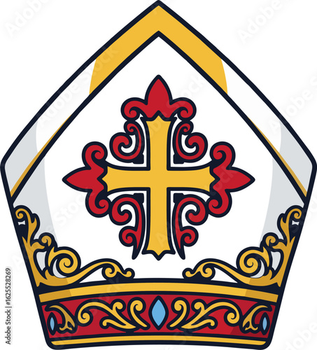 Decorative Bishop Mitre Vector Illustration – White Mitre with Gold Cross and Ornate Red Embellishments
