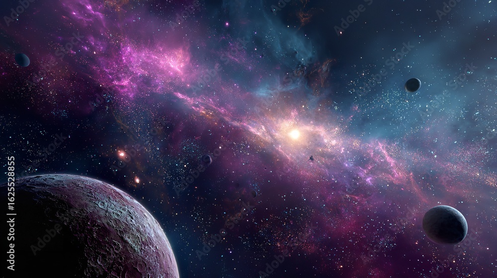 Naklejka premium A cosmic ballet of planets dancing amidst vibrant nebulas celestial art on transparent background