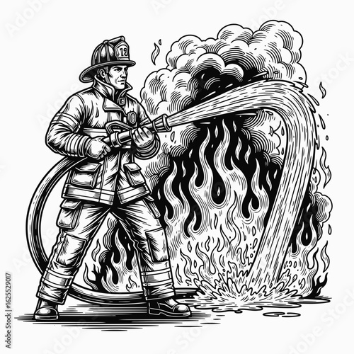 Brave Firefighter Battling Intense Flames A Heroic Rescue Illustration