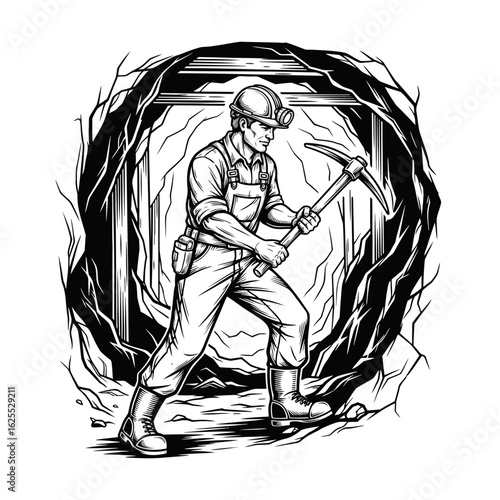 Unyielding Spirit of the Miner Monochrome illustration of a determined worker with a pickaxe, symbolizing perseverance and challenging underground work.
