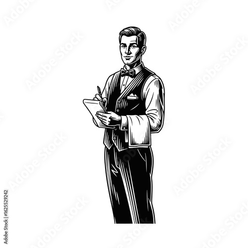 Elegant Waiter with Order Pad Vintage Style Illustration