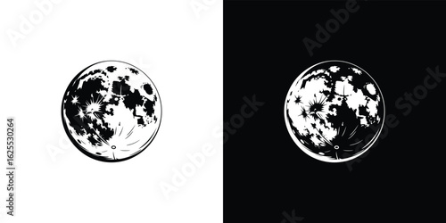 Full Moon in Black and White Style Isolated on Transparent Background