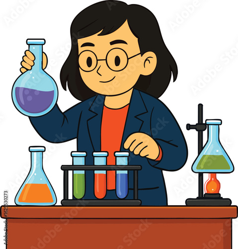 A cartoon illustration of a young female scientist conducting an experiment in a chemistry lab.