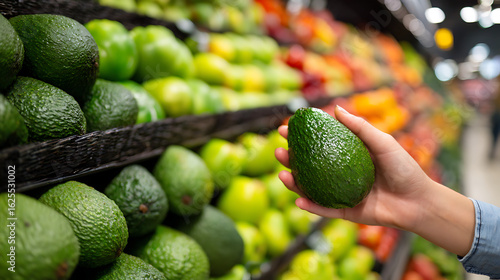 Close-up of a person's hand carefully choosing a perfect avocado from an immaculately organized fresh produce display in a supermarket. 