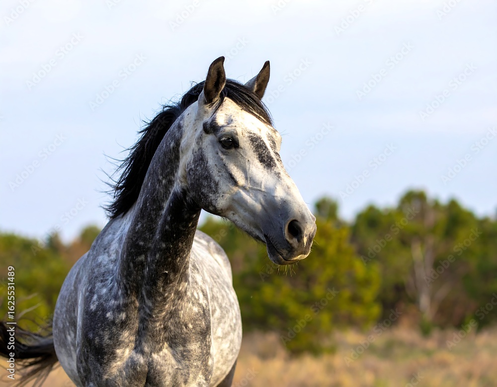 Fototapeta premium Gray horse portrait in field (1)