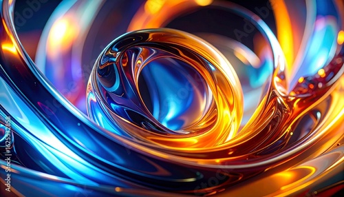 Abstract fluid artwork featu intertwined glossy streams in vibrant blues and golds, creating a captivating and mesmerizing visual experience for the viewer.