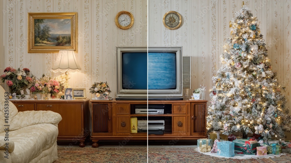 Fototapeta premium Modern living room decorated with a Christmas tree, cozy furniture, and warm lighting at dusk.